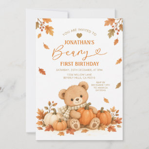Beary First Birthday Pumpkin Fall Autumn Leaves Invitation