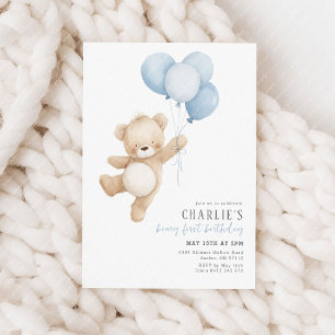 Beary First Blue Balloon Boy 1st Birthday Teddy Invitation