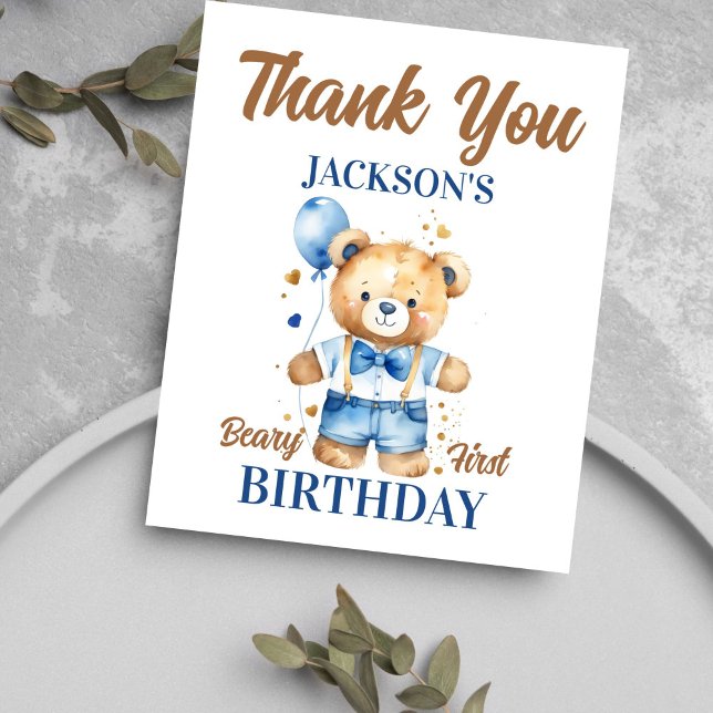 Beary first boy birthday cute teddy thank you card (Teddy bear birthday thank you cards cute teddy bear with denim shorts blue balloon thank you card)