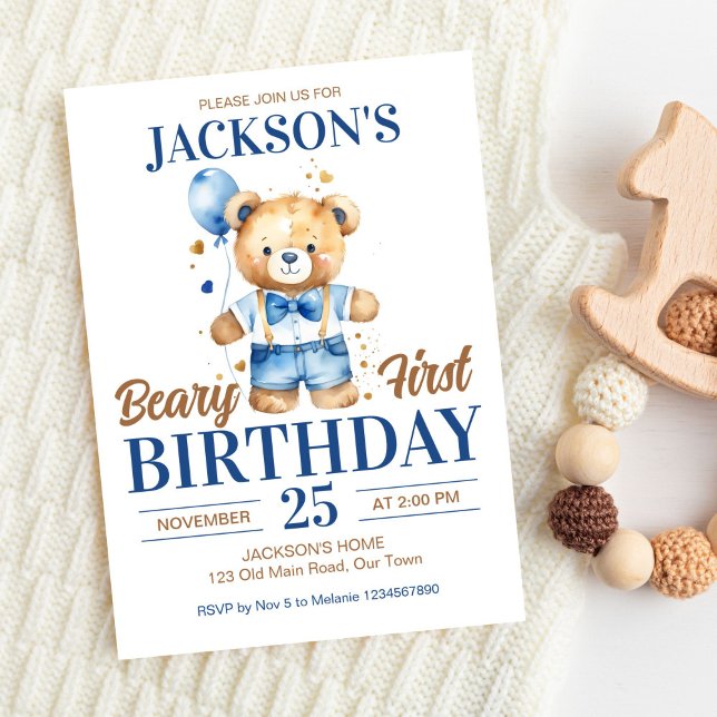 Beary first boys birthday cute teddy blue balloon invitation (Beary first birthday party editable template invitation digital download cute teddy bear blue pants)