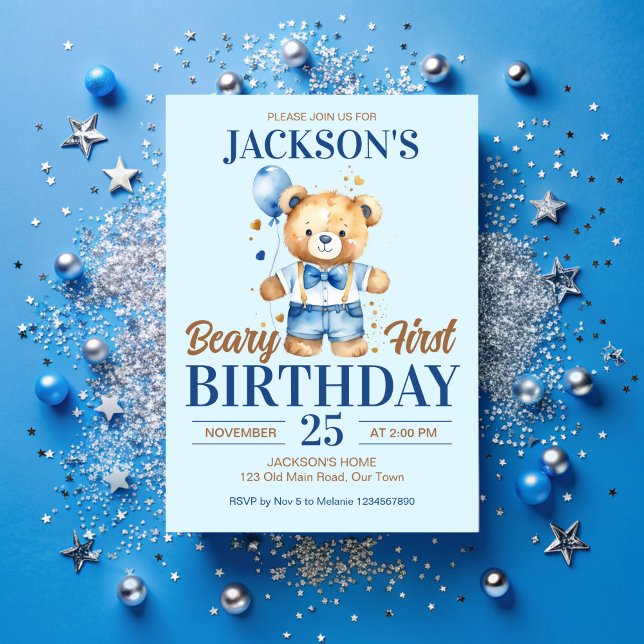 Beary first boys birthday cute teddy blue balloon invitation (Beary first boys birthday cute teddy bear blue balloon party invitation template instant download)