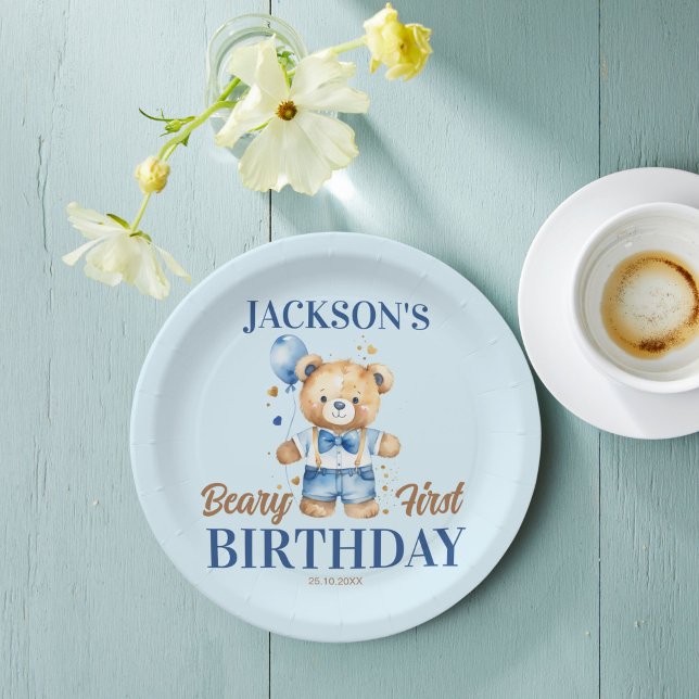 Beary first boys birthday cute teddy blue balloon paper plate (Beary first boys birthday cute teddy blue balloon personalized tableware printed paper plates)