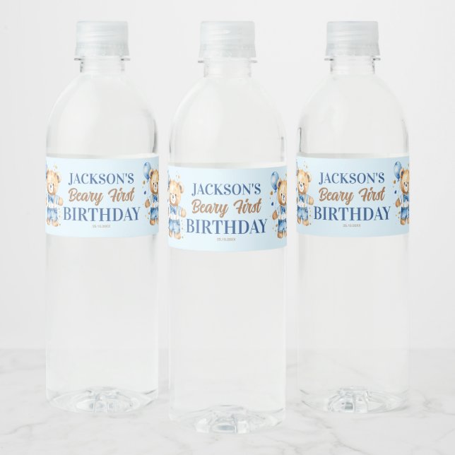 Beary first boys birthday cute teddy blue balloon water bottle label (Bottles)