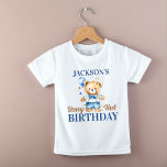 Beary first boys birthday photo props printed baby T-Shirt<br><div class="desc">Beary first boys birthday party tableware personalised birthday t-shirt,  watercolor cute teddy bear dressed up in pant and a bow tie holding a blue balloon party photo prop t-shirt</div>