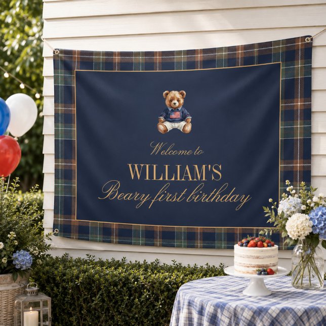 Beary First Navy Plaid Teddy Bear Birthday Banner  (Creator Uploaded)