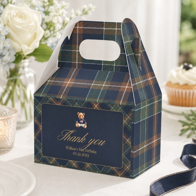Beary First Navy Plaid Teddy Bear Boy Birthday  Favour Box (Creator Uploaded)