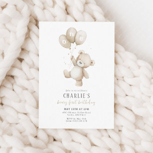 Beary First Neutral Balloon Boy 1st Birthday Teddy Invitation