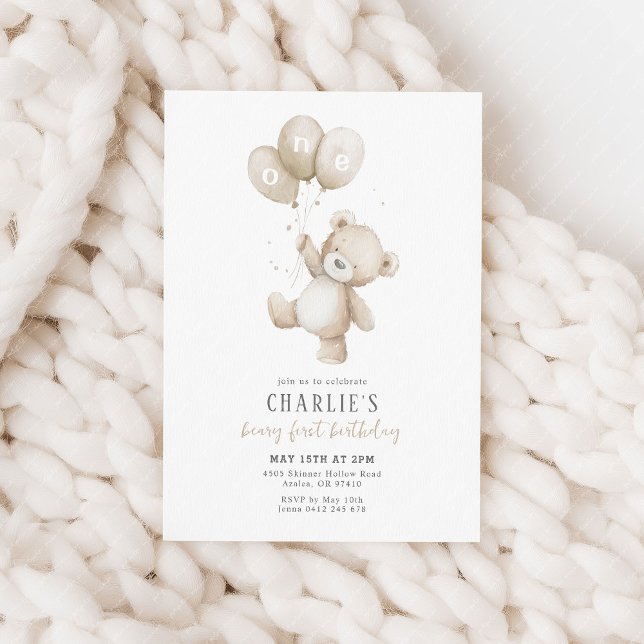 Beary First Neutral Balloon Boy 1st Birthday Teddy Invitation (Beary first birthday! Beige balloon and teddy bear 1st birthday party invitation)