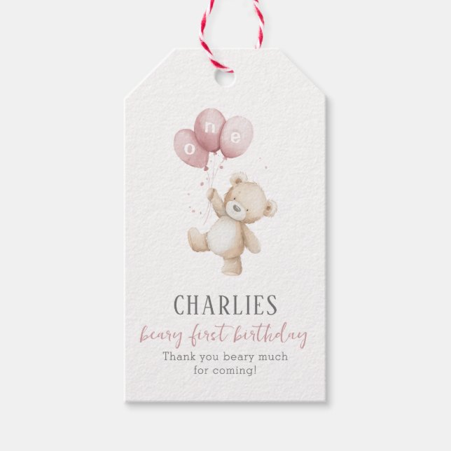 Beary First Pink 1st Birthday Teddy Favour Tag (Front)