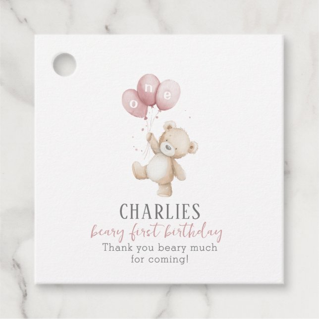Beary First Pink 1st Birthday Teddy Favour Tag (Front)
