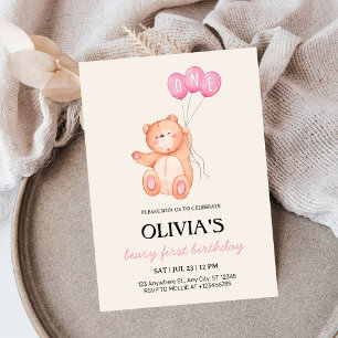 Beary First Pink Balloon 1st Birthday Teddy Invitation