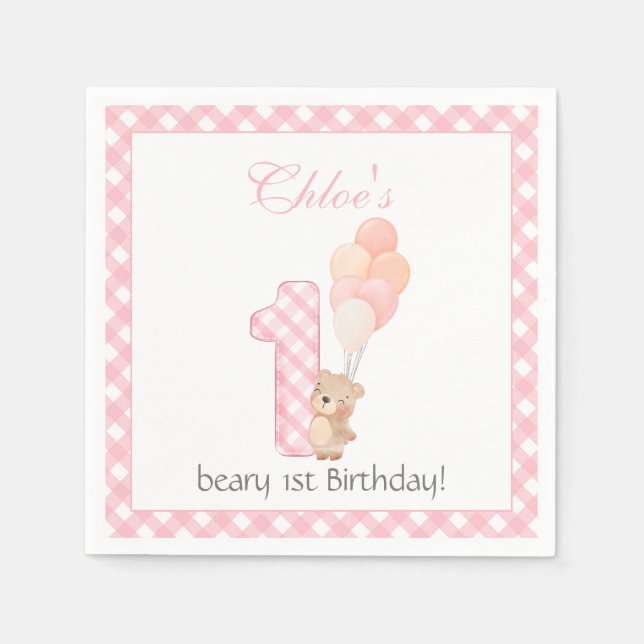 Beary First pink Teddy Bear Birthday Party  Napkin (Front)