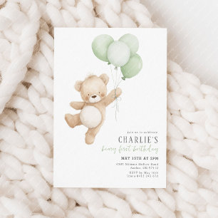 Beary First Sage Balloon Boy 1st Birthday Teddy Invitation