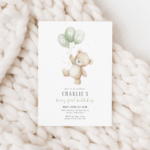 Beary First Sage Green Balloon Boy 1st Birthday Invitation