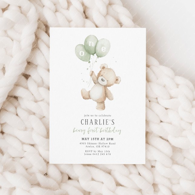 Beary First Sage Green Balloon Boy 1st Birthday Invitation (Beary first birthday! 1st birthday invitation with teddy bear and sage green balloons)