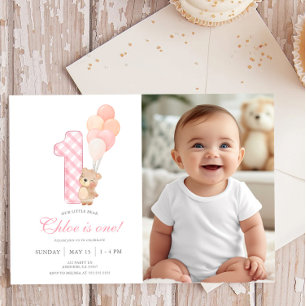 Beary First Teddy Bear Girl Birthday Party photo Invitation