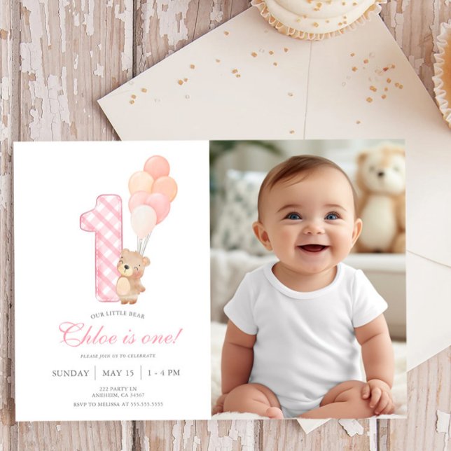 Beary First Teddy Bear Girl Birthday Party photo Invitation (Creator Uploaded)