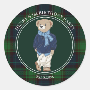 Beary first teddy bear green plaid birthday favour classic round sticker
