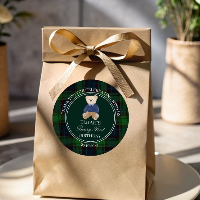 Beary first teddy bear green plaid birthday favour classic round sticker (Beary first party favor stickers teddy bear green plaid birthday personalized favor gift stickers)