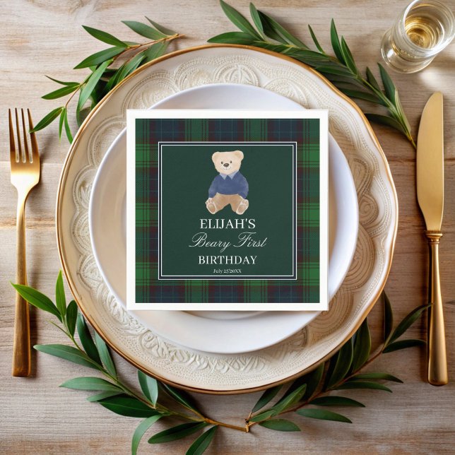 Beary first teddy bear green plaid birthday party napkin (Beary first birthday green plaid  teddy bear birthday party monogrammed napkins personalized decor)