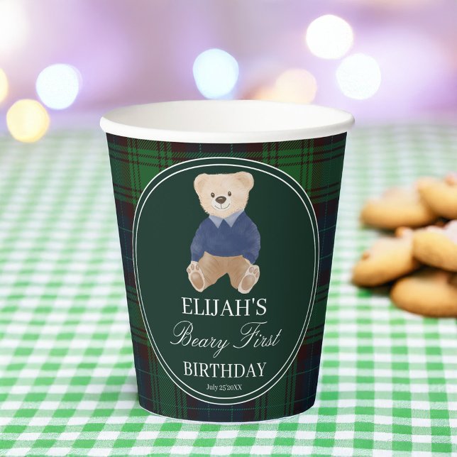 Beary first teddy bear green plaid birthday party paper cups (Beary first party green plaid polo teddy bear birthday party printed paper cups personalized decor)