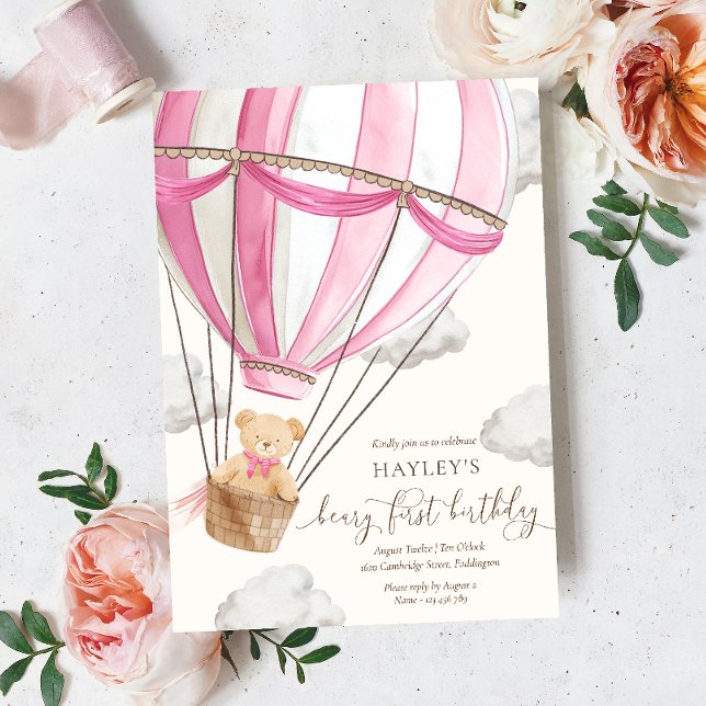 Beary First Teddy Bear Hot Air Balloon Birthday Invitation (Creator Uploaded)