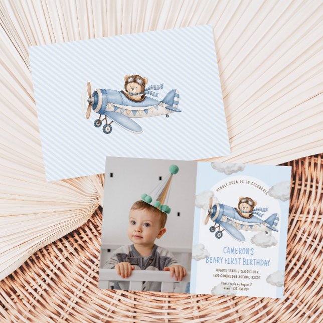 Beary First Teddy Bear Plane Photo Birthday Invitation (Creator Uploaded)