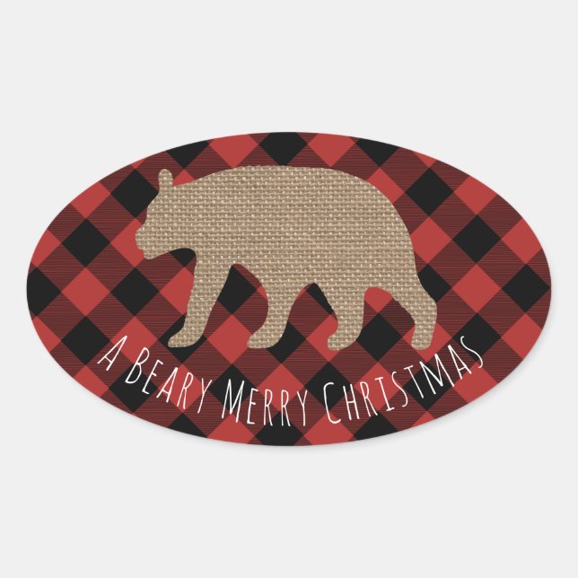 Beary Merry Christmas Plaid Burlap Bear Oval Sticker (Front)