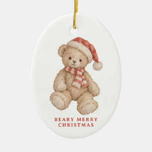 Beary Merry Christmas Watercolor Teddy Bear Ceramic Tree Decoration