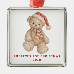 Beary Merry Christmas Watercolor Teddy Bear Metal Tree Decoration