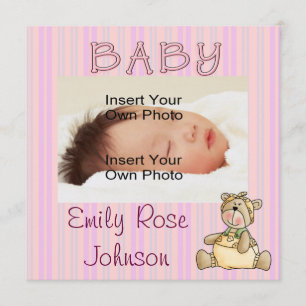 Beary Pink Baby Girl Birth Announcements