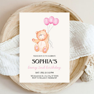 Beary Pink Balloon 2nd Birthday Teddy Invitation