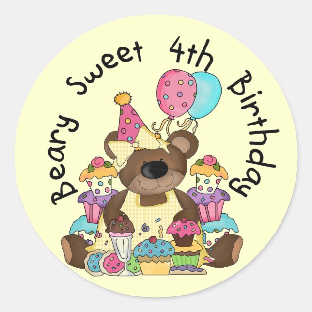 Beary Sweet 4th Birthday Classic Round Sticker (Front)