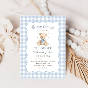 Beary Sweet Blue Balloon First Birthday Teddy Invitation