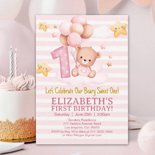 Beary Sweet First Birthday   Pink Boho Bear Girl Invitation