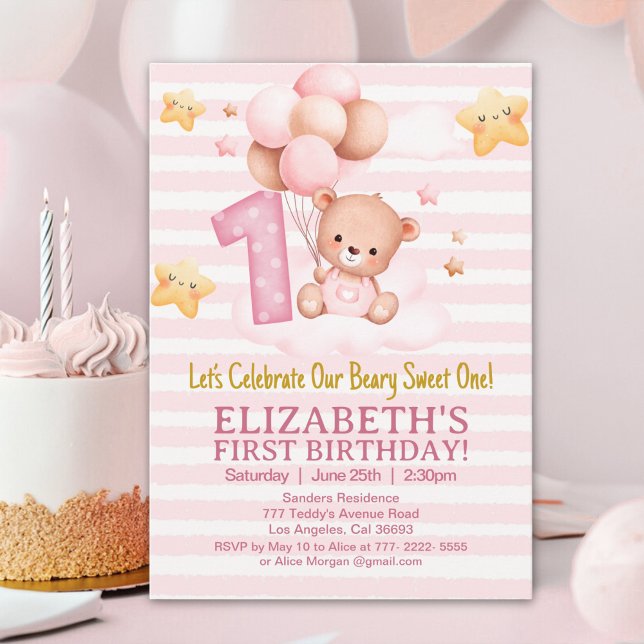 Beary Sweet First Birthday | Pink Boho Bear Girl Invitation (Creator Uploaded)