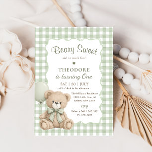 Beary Sweet Green Balloon First Birthday Teddy Invitation