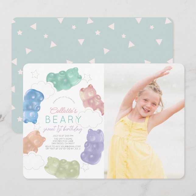 Beary Sweet Gummy Bear Girl Photo Birthday Invitation (Front/Back)