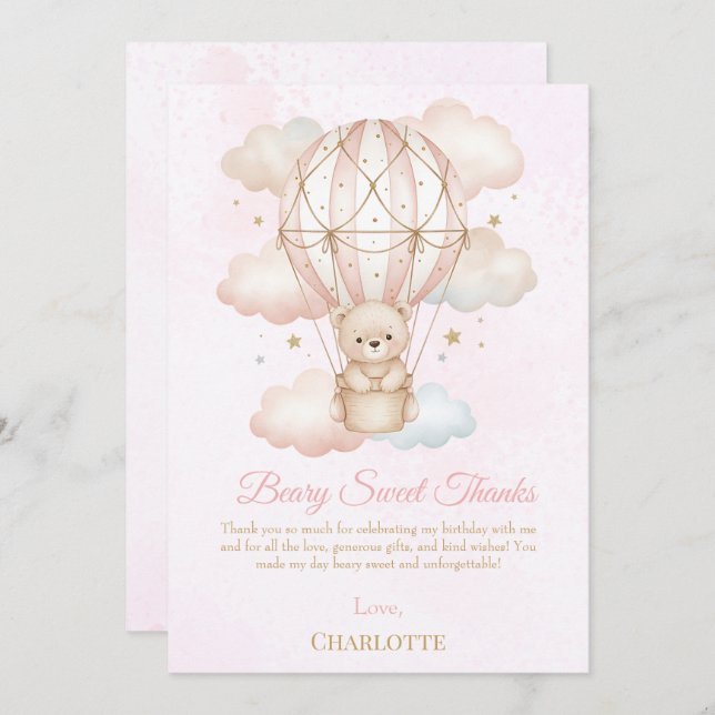 Beary Sweet Hot Air Balloon 1st Birthday  Thank You Card (Front/Back)