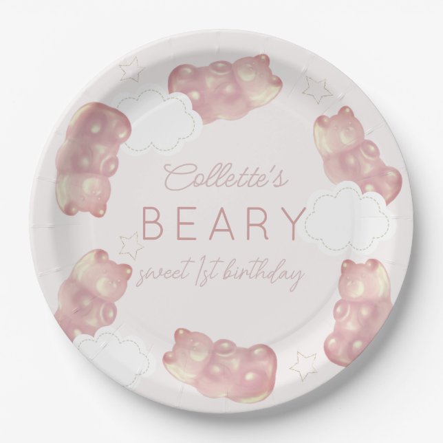 Beary Sweet Pink Gummy Bear Girl Birthday Paper Plate (Front)
