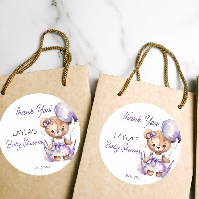 Beary teddy bear purple baby shower thank you favo classic round sticker (Beary cute teddy bear baby shower purple balloons teddy bear thank you favor stickers cute lavander)