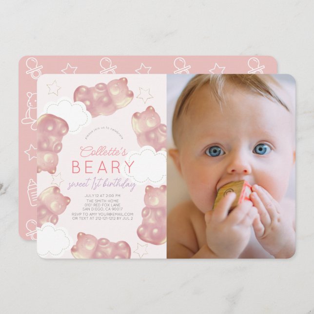Beary Wait Pink Gummy Bear Girl 1st Birthday Invitation (Front/Back)
