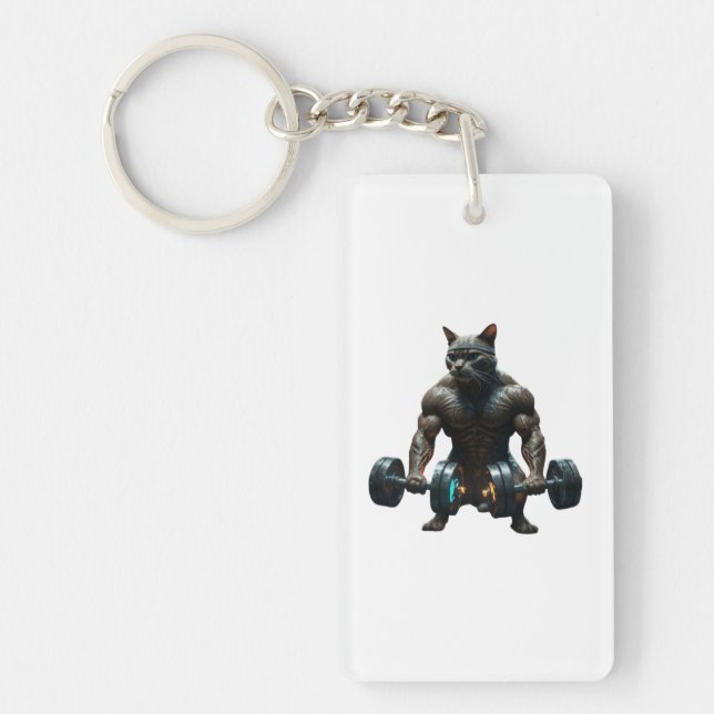 Beast Mode Gym Cat Keychain – Muscular Fitness Key (Front)