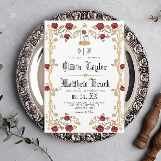 Beast & the Beauty Gold Red Fairytale Wedding  Invitation (Creator Uploaded)