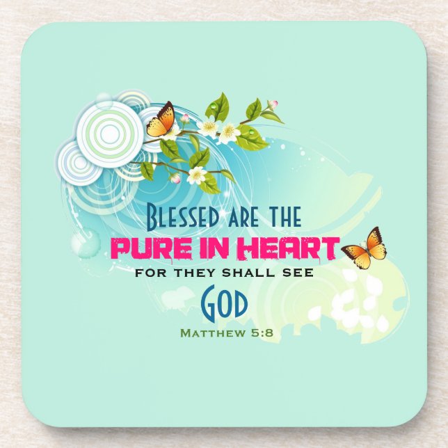 Beatitude Quote with Butterflies and Blossoms Coaster (Front)