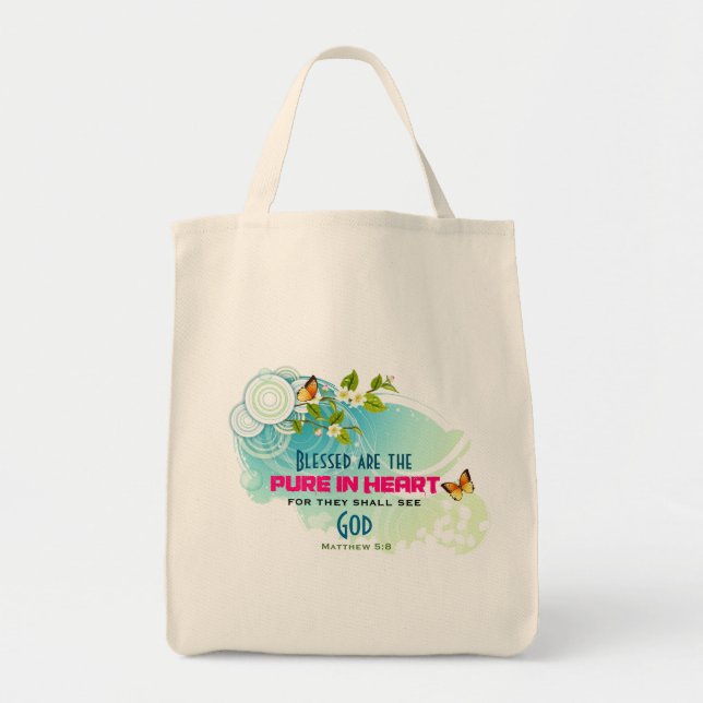 Beatitude Quote with Butterflies and Blossoms Tote Bag (Front)