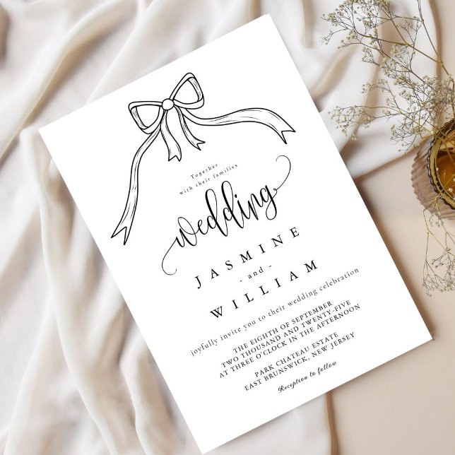 Beatrice Ribbon Bow Black and White Wedding  Invitation (Creator Uploaded)
