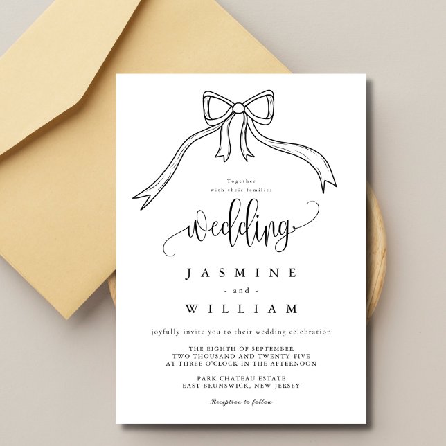 Beatrice Ribbon Bow Black and White Wedding  Invitation (Creator Uploaded)