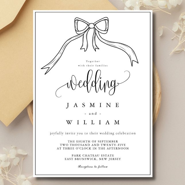 Beatrice Ribbon Bow Black and White Wedding  Invitation (Creator Uploaded)