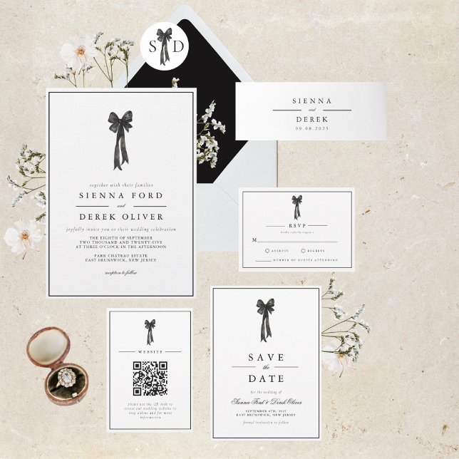 BEATRICE Ribbon Bow Black and White Wedding Invitation (Creator Uploaded)